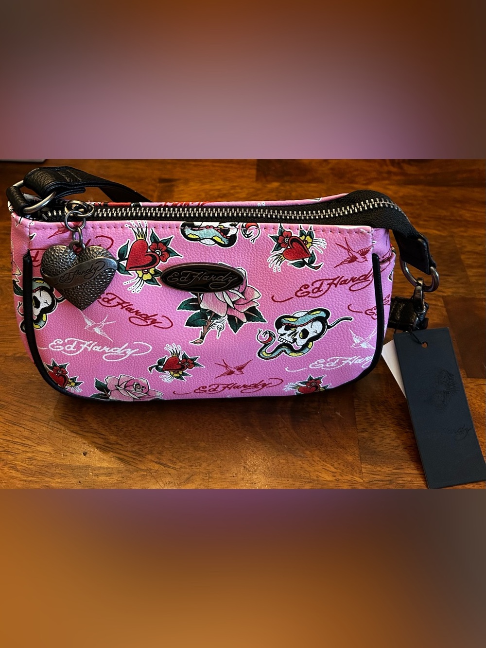 Ed Hardy Pink Tattoo-Print Mini Convertible Wristlet w/Black Trim & Heart Charm